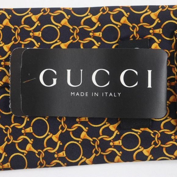 Gucci 100% Silk Cravat Bit Pattern Allover Tie Navy Gold Made In Italymade In - Picture 8 of 9